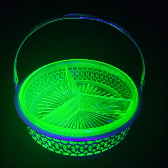 Other - Vintage Green Uranium Vaseline Depression Glass  Divided Dish w/ Holder